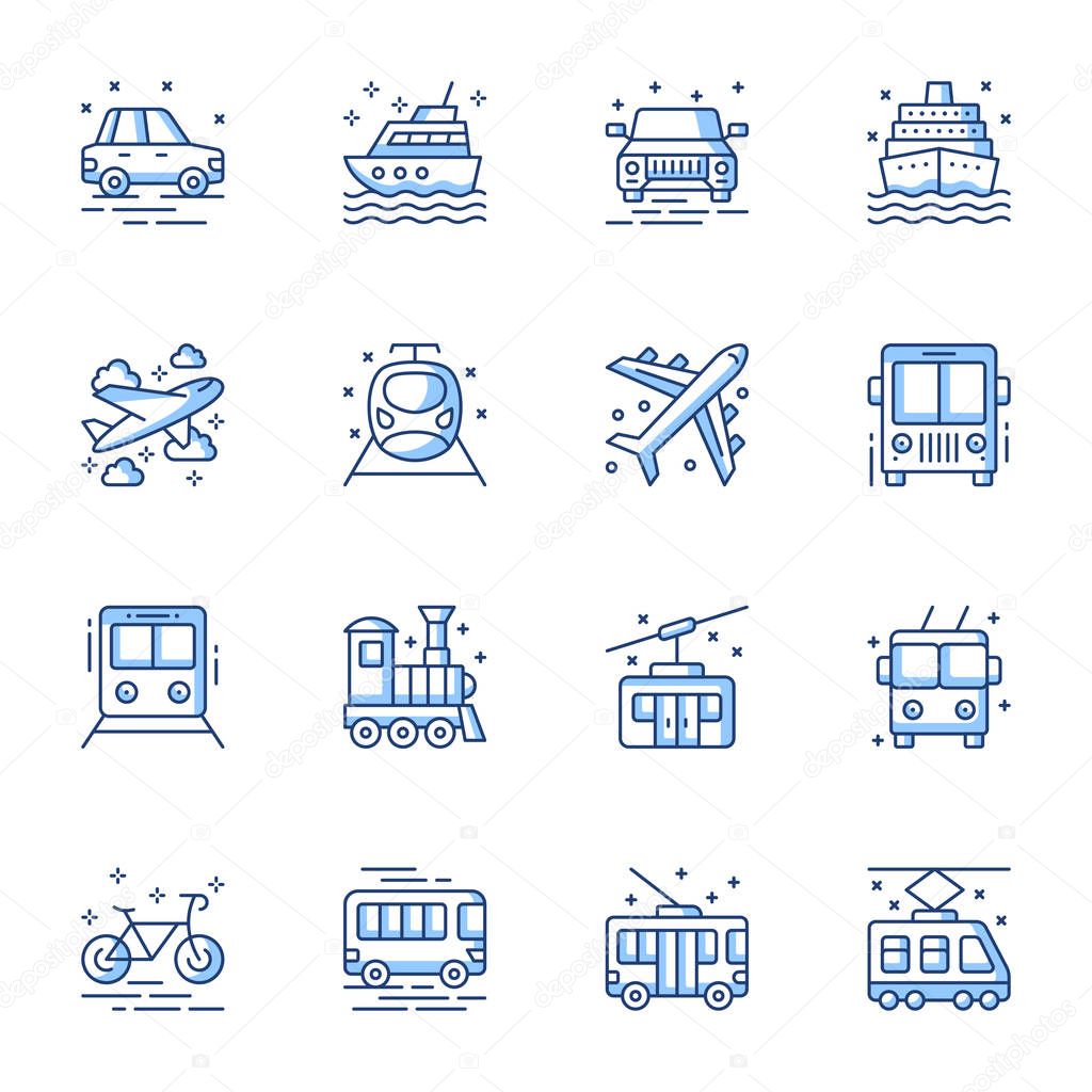 Transport mean linear vector icons set. Passenger vehicles, public bus, metro, tram contour symbols isolated pack. Ship, car, airplane. Urban automobile, traffic thin line illustrations collection
