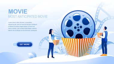 Movie flat landing page with header, banner vector template. Most anticipated movie, cinematography, film watching website layout. Viewers, moviegoers cartoon characters with popcorn clipart