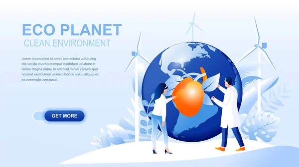 Eco planeta plana landing page com cabeçalho. Ambiente limpo layout do site. Salvar página do planeta. Resolvendo problemas ambientais e ecológicos, modelo de vetor de bandeira de vida ecológico —  Vetores de Stock