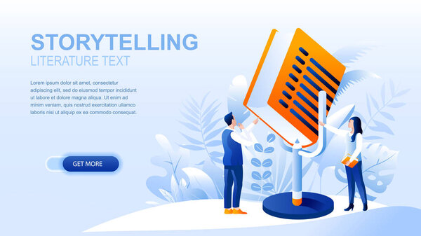 Storytelling flat landing page with header, banner vector template. Sharing stories, reading books, literature text website layout. Online bookshop webpage. People cartoon characters