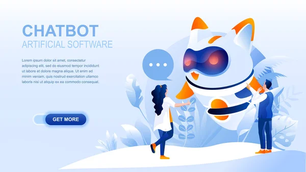 Chatbot flat landing page with header, banner vector template. Artificial intelligence and software website layout. Modern technologies, digital conversational partner, virtual assistant web page