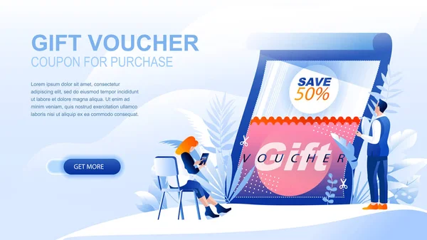 Gift voucher flat landing page with header. Coupon for purchase banner vector template. Gift certificate, advertisement, promotion, discount, bargain, special offer in shop and store — ストックベクタ