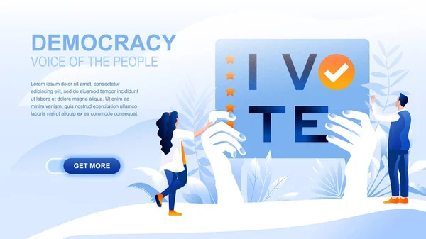 Democracy flat landing page with header, banner vector template. Governmental form, people choosing governing legislation, voting on elections, polling and balloting. Voice of people website layout — ストックベクタ