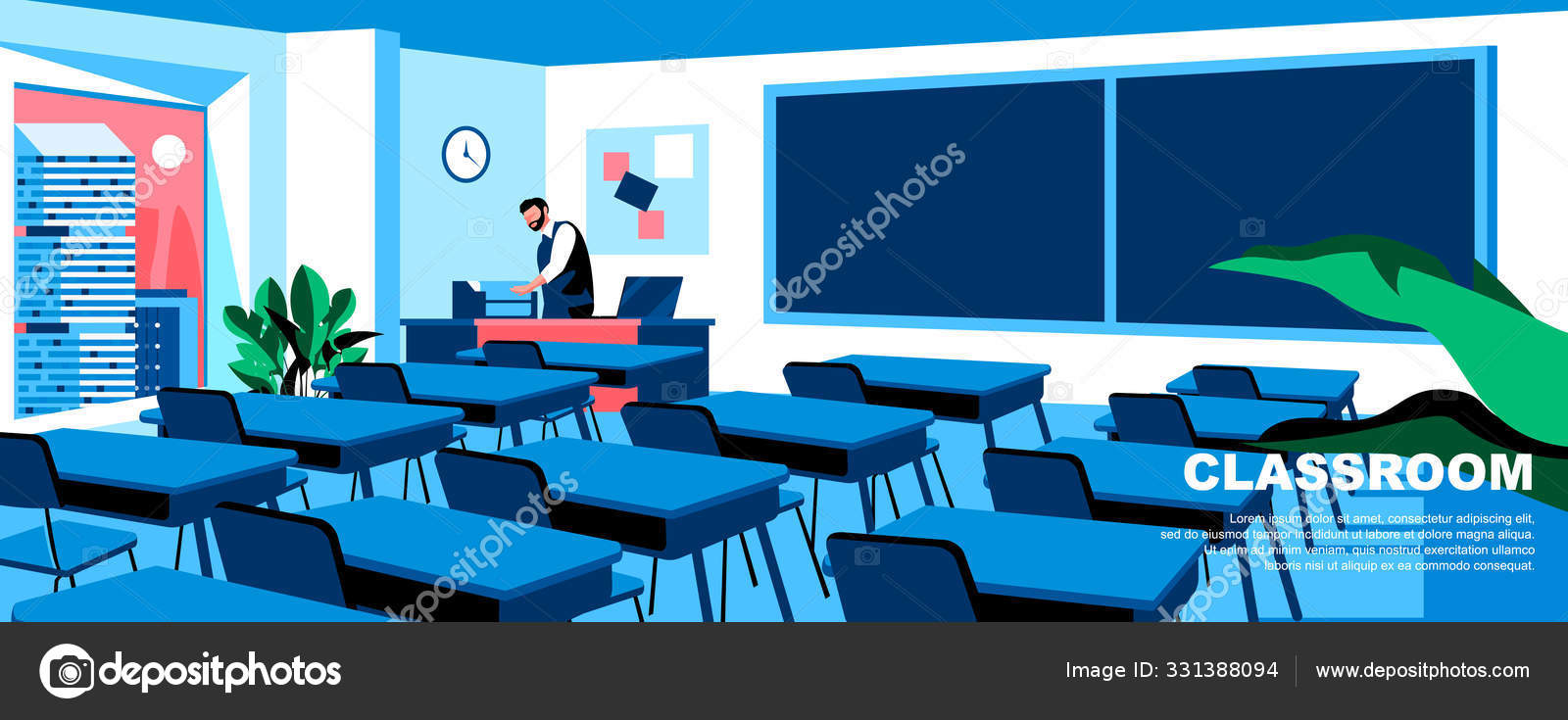 Classroom Flat Vector Landing Page Template Desk With Chairs And
