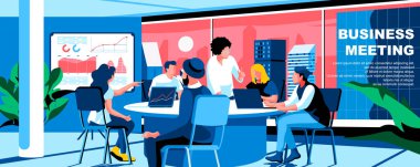 İş toplantısı düz vektör iniş sayfası şablonu. Konferans odasındaki şirket çalışanları başlıklı pankart düzeninde. Analitik rapor, metin alanı ile kurumsal sunum karikatür çizimi