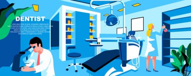Dişçi düz vektör iniş sayfası şablonu. Stomatolog, başlıklı modern ofis afişi. Doktor ve hemşire karakterleri. Metin alanı ile dişçilik hizmeti çizgi filmi çizimi