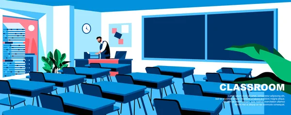 Sala de clasă șablon plat vector pagina de destinație. Birou cu scaune și tablă gol amenajare banner școală cu antet. Personaj didactic în ilustrație de desene animate de clasă cu spațiu text — Vector de stoc