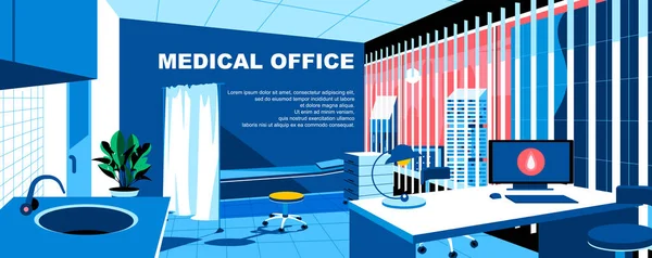 Medical office flat vector landing page template. Hospital doctor modern empty room interior banner layout with header. Clinical center contemporary office cartoon illustration with text space — 스톡 벡터