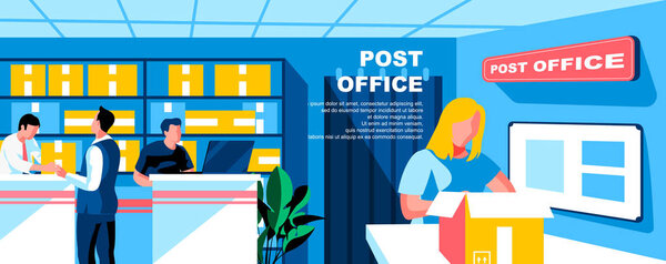 Post office flat vector landing page template. Postal service workers. Mail delivering banner layout with header. People getting and sending parcels cartoon illustration with text space