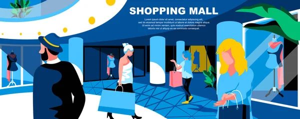 Shopping mall flat vector landing page template. Buyers with bags in supermarket banner layout with header. Shoppers characters. Consumers in fashion boutiques cartoon illustration with text space — Stock Vector