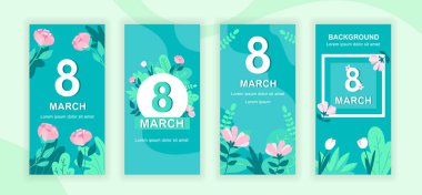 Uluslararası Kadınlar Günü sosyal medya hikayeleri tasarım şablonları vektör seti, telif alanı olan arka plan - 8 Mart - dikey afiş, poster, tebrik kartı - bayram kutlaması konsepti