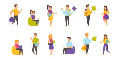 Öğrenciler, düz vektör çizimleri öğreniyor. Eğitim, eğitim, seminer hazırlama sahneleri. Lisans öğrencileri, beyaz arka planda izole edilmiş çizgi film karakterleri koleksiyonu olan insanlar.