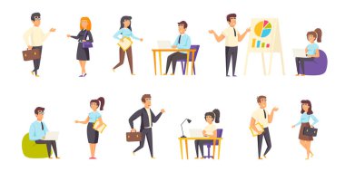 İş adamları, ofis yöneticileri düz vektör çizimleri ayarlandı. Proje tartışması, iş görüşmesi, konferans sahneleri. Meşgul insanlar, iş adamları ve iş kadınları çizgi film karakterleri koleksiyonu