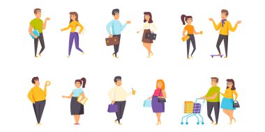 Şişman ve zayıf insanlar düz vektör çizimleri ayarlandı. Zayıflık ve obezite, vücut şekilleri sahneler. Şekilli ve kilolu insanlar beyaz arkaplanda izole edilmiş çizgi film karakterleri koleksiyonu