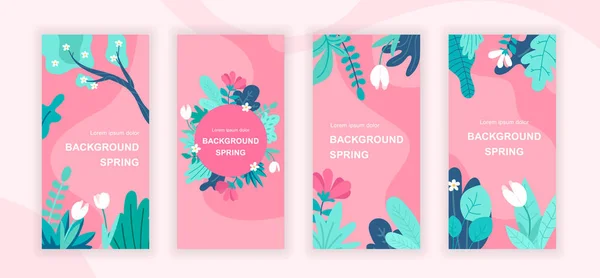 Plantas de primavera histórias de mídia social modelos de design conjunto de vetores, fundos com copyspace - flores sazonais - pano de fundo para banner vertical, cartaz, cartão de saudação - conceito de natureza primavera — Vetor de Stock