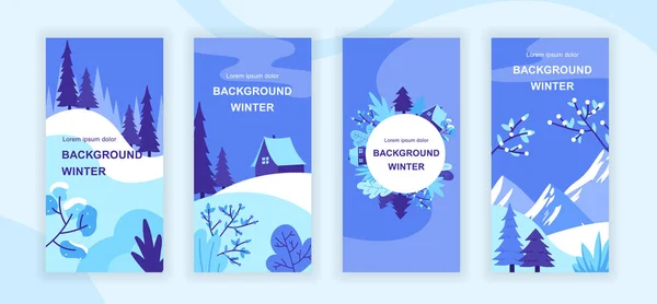 冬季风景社交媒体故事设计模板向量集，背景与彩色空间-农村风景-背景垂直横幅，海报，问候卡-冬季风景概念 — 图库矢量图片