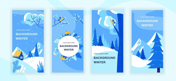 Paisajes de invierno historias de redes sociales plantillas de diseño conjunto de vectores, fondos con copyspace - paisajes del país - telón de fondo para la bandera vertical, cartel, tarjeta de felicitación - concepto de clima nevado — Vector de stock