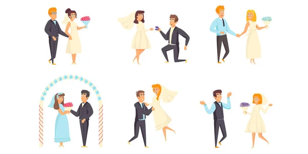 Boda plana vector ilustraciones conjunto. Paquete de escenas de matrimonio. Enamorado personas, prometido y prometido, recién casado, novios y novias con ramos de flores colección de personajes de dibujos animados — Archivo Imágenes Vectoriales