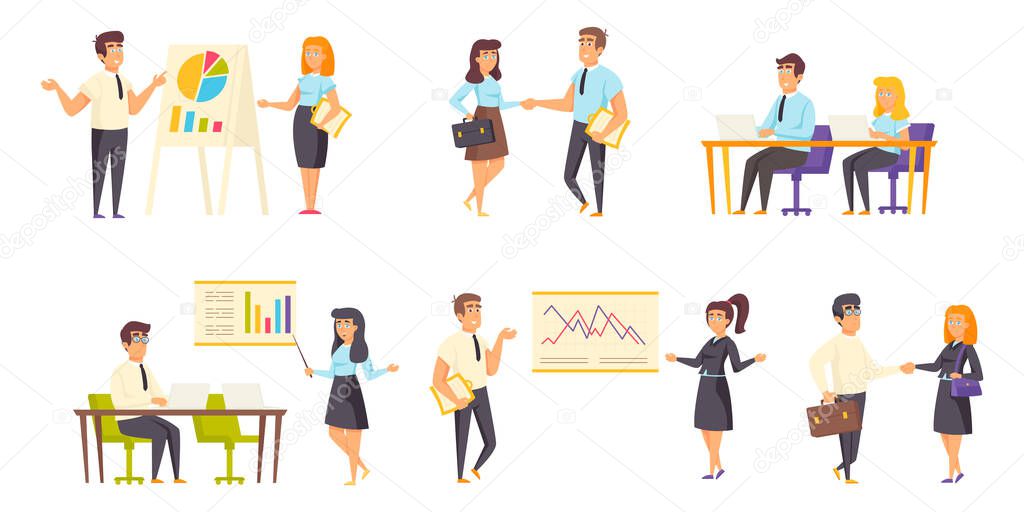 Business meeting flat vector illustrations set. Project discussion, negotiations, conference scenes bundle. Businessmen and businesswomen, office workers, managers cartoon characters collection