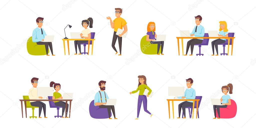 Programmers flat vector illustrations set. Programming, coding scenes bundle. People with laptops, coders, software developers cartoon characters collection isolated on white background