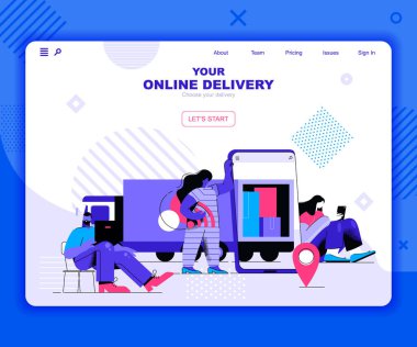 Online teslimat iniş sayfası şablonu. Paket sevkiyat web sitesi başlığı Ui düzeni ve düz çizim sipariş edilmiş. Lojistik ekspres, ürün dağıtım web afişi düz konsept