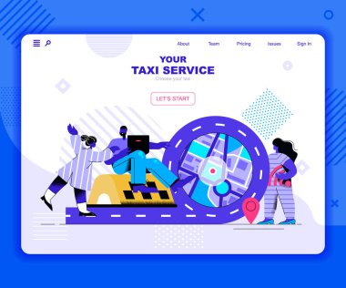 Taksi servisi iniş sayfası şablonu. Şehir ulaşımı çağrı web sitesi başlığı Ui düzeni ve düz çizim. Hızlı araba yolculuğu, seyahat yeri web pankartı düz konsept