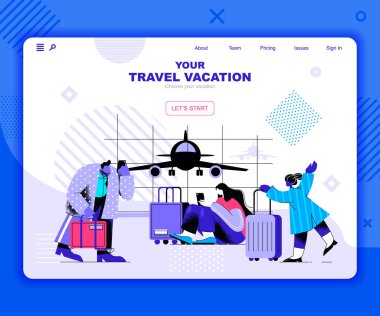 Seyahat tatili iniş sayfası şablonu. Bavul web sitesi başlığıyla uluslararası yolculuk düz resimli Ui düzeni. Turizm ve macera web pankartı düz konsept