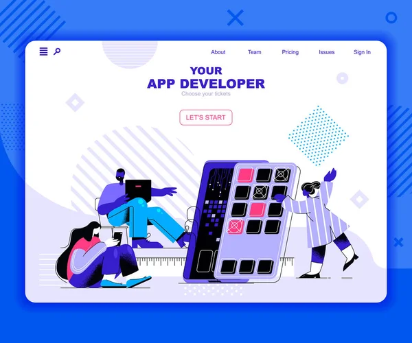 アプリ開発ランディングページベクターテンプレート。モバイルデバイスソフトウェアプログラミングウェブサイトヘッダフラットイラストとUIレイアウト。ガジェットアプリケーションコーディングWebバナーフラットコンセプト — ストックベクタ