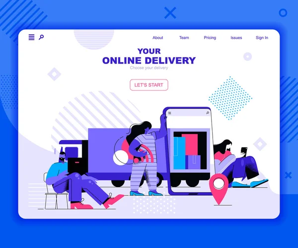 Modelo de vetor de landing page de entrega online. Encomendado pacote embarque site cabeçalho UI layout com ilustração plana. Express logística, distribuição de produtos web conceito banner plana —  Vetores de Stock