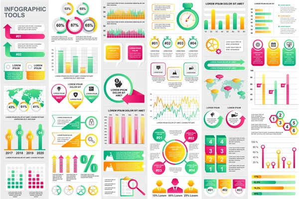 Bundle Infografik Elemente Daten Visualisierung Vektor Design Template. kann für Schritte, Geschäftsprozesse, Workflow, Diagramm, Flussdiagramm-Konzept, Zeitachse, Marketing-Symbole, Informationsgrafiken verwendet werden. — Stockvektor