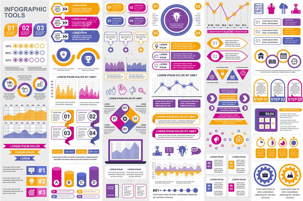 Bundle infographic elements data visualization vector design template. Can be used for steps, business processes, workflow, diagram, flowchart concept, timeline, marketing icons, info graphics.