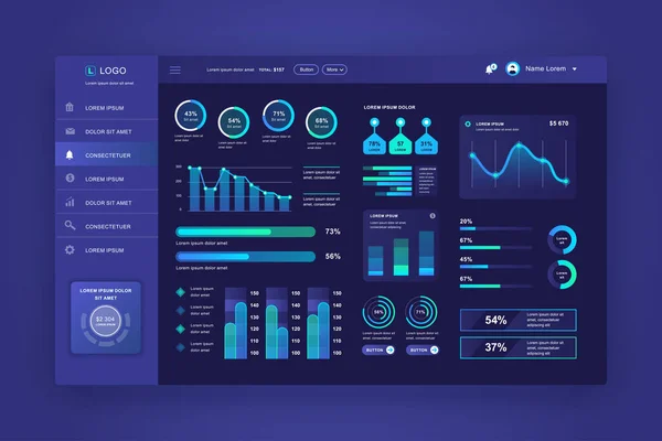 Deska rozdzielcza Ui. Szablon projektu wektora panelu administracyjnego z elementami infografiki, schemat Huda, grafika informacyjna. Deska rozdzielcza strony internetowej projektu Ui i Ux. Mroczny styl. Ilustracja wektora. — Wektor stockowy