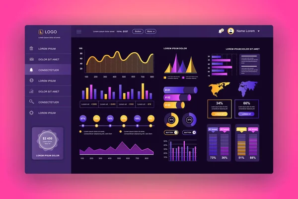 UI do painel. Modelo de design de vetor de painel de administração com elementos infográficos, diagrama HUD, gráficos info. Painel do site para UI e página web design UX. Estilo escuro. Ilustração vetorial . — Vetor de Stock