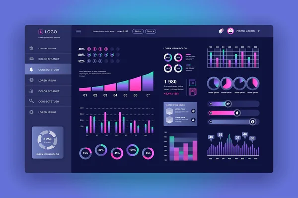 ダッシュボードUI 。インフォグラフィック要素、 Hudダイアグラム、情報グラフィックスを備えた管理パネルベクトル設計テンプレート。UIおよびUxデザインのWebページ用のWebサイトダッシュボード。ダークスタイル。ベクターイラスト. — ストックベクタ