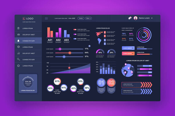 Dashboard UI. Admin panel vector design template with infographic elements, HUD diagram, info graphics. Website dashboard for UI and UX design web page. Dark style. Vector illustration. — Stock Vector