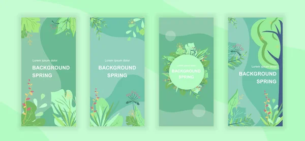 Spring abstract social media stories design template set vettoriale, sfondi con copyspace - verde, paesaggio - sfondo per banner verticale, poster, biglietto di auguri - concetto di natura primaverile — Vettoriale Stock