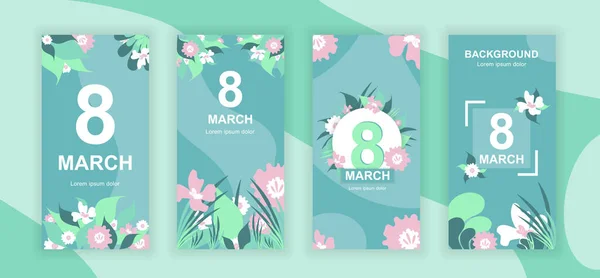 8 Marzo historias de redes sociales plantillas de diseño conjunto de vectores, fondos con copyspace - Día de la Mujer - telón de fondo para la bandera vertical, cartel, tarjeta de felicitación - vacaciones de primavera concepto de felicitación — Vector de stock