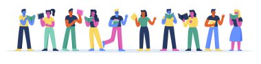 Horizontal banner with funny people standing together and reading books. Collection of young happy men and women studying. Set of students with textbooks. Modern flat cartoon vector illustration.