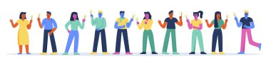 Horizontal banner with funny people with sparklers having fun at festive party or festival. Collection of cute happy young men and women celebrating holiday. Modern flat cartoon vector illustration.