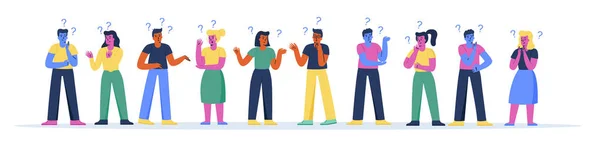 Bannière horizontale avec des gens confus posant des questions et réfléchissant. Un paquet de mignons hommes et femmes pensifs ou réfléchis qui contemplent et résolvent des problèmes. Illustration vectorielle de dessin animé plat moderne  .