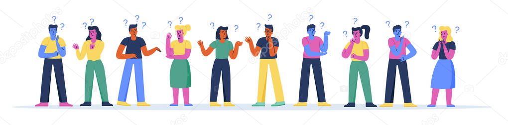 Horizontal banner with confused people asking questions and thinking. Bundle of cute pensive or thoughtful men and women contemplating and solving problems. Modern flat cartoon vector illustration.