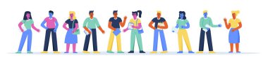 Horizontal banner with happy business people, office workers, managers or clerks standing together. Group of male and female employees, colleagues, company staff. Flat cartoon vector illustration.