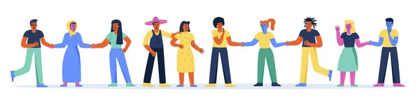 Bannière horizontale avec groupe multiracial de personnes debout ensemble et tenant la main. Ensemble d'amis heureux de différentes ethnies ou races. Une amitié multinationale. Illustration vectorielle dessin animé plat . — Image vectorielle