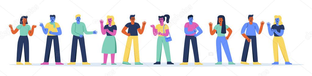 Horizontal banner with youngsters or teenage boys and girls talking to each other. Collection of college students, pupils or adolescents having conversation. Modern flat cartoon vector illustration.