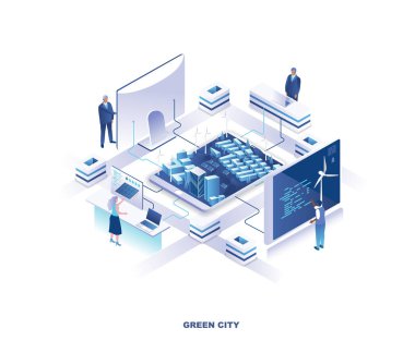 Green city isometric landing page. Concept of sustainable energy or eco-friendly technology with tiny people working on computers around map with buildings and wind turbines. Vector illustration.