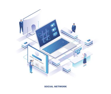 Social media or network isometric landing page. Concept of online platform for communication with people standing around laptop computer with feedback notifications on screen. Vector illustration.