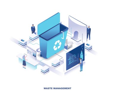 Waste management or disposal service, recycling technology isometric landing page. Concept with tiny people stand around giant trash bin and sorting garbage. Modern vector illustration for website.