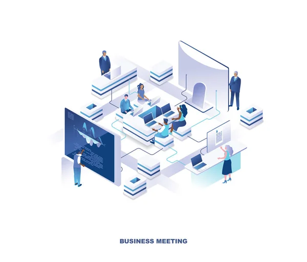 Business meeting isometric landing page. Concept with group of clerks or employees sitting around table at office and standing at giant computer screens or control panels. Modern vector illustration. — 스톡 벡터