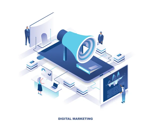 Social media marketing or SMM, digital advertising isometric landing page. Concept with tiny people working at computer screens around giant megaphone or bullhorn. Vector illustration for website. — Stock vektor