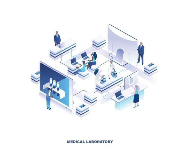 Medical laboratory isometric landing page. Concept of scientific research in medicine or pharmaceutics with medics, researches or scientists working in lab. Vector illustration for advertisement. — Stock vektor